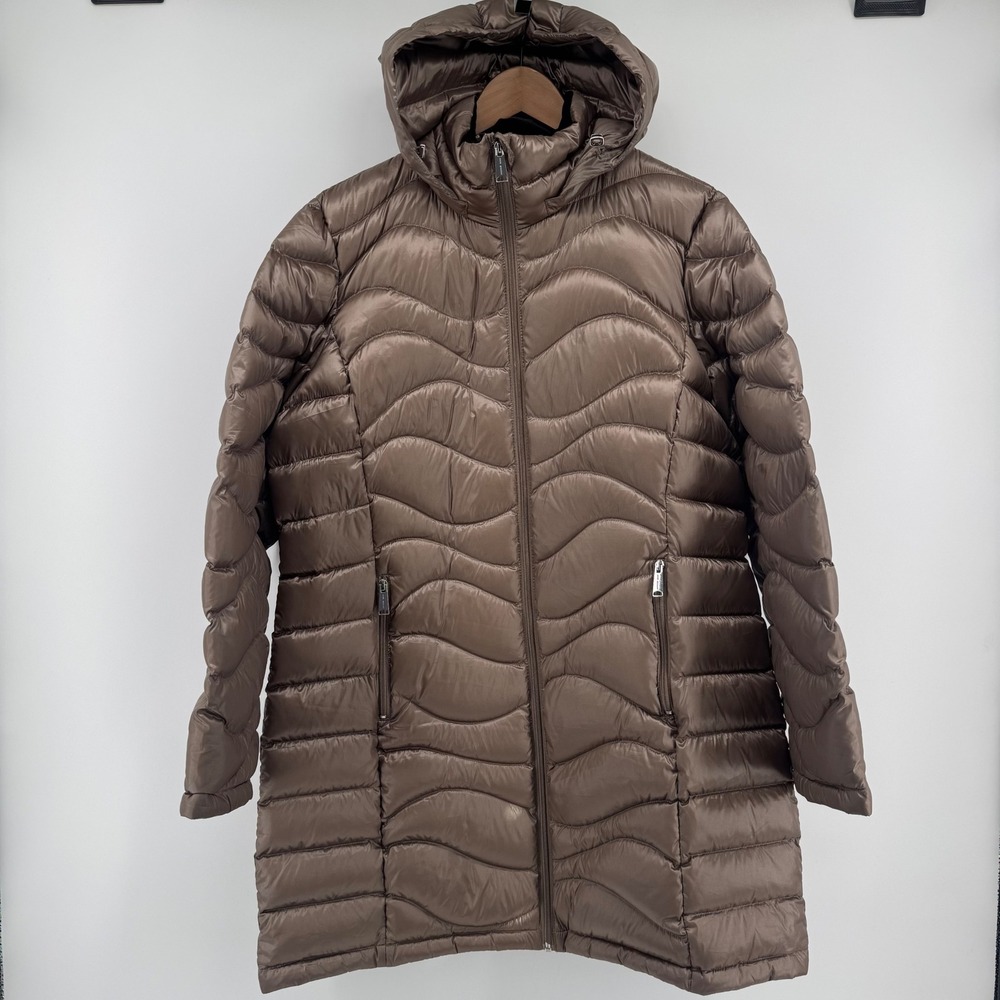 Andrew Marc Puffer Jacket Women XL Bronze Hooded Packable Down Long Coat